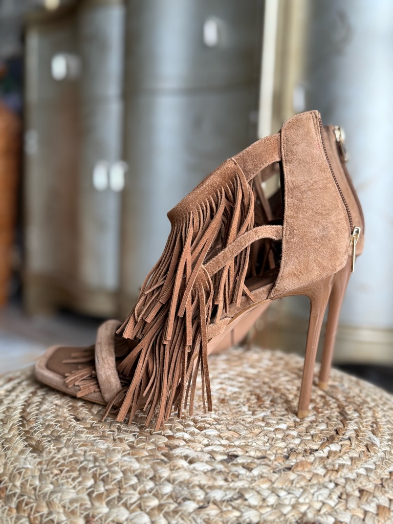 Fringe Suede Stiletto Sandals - Brown Western Vibe Suede Heels
